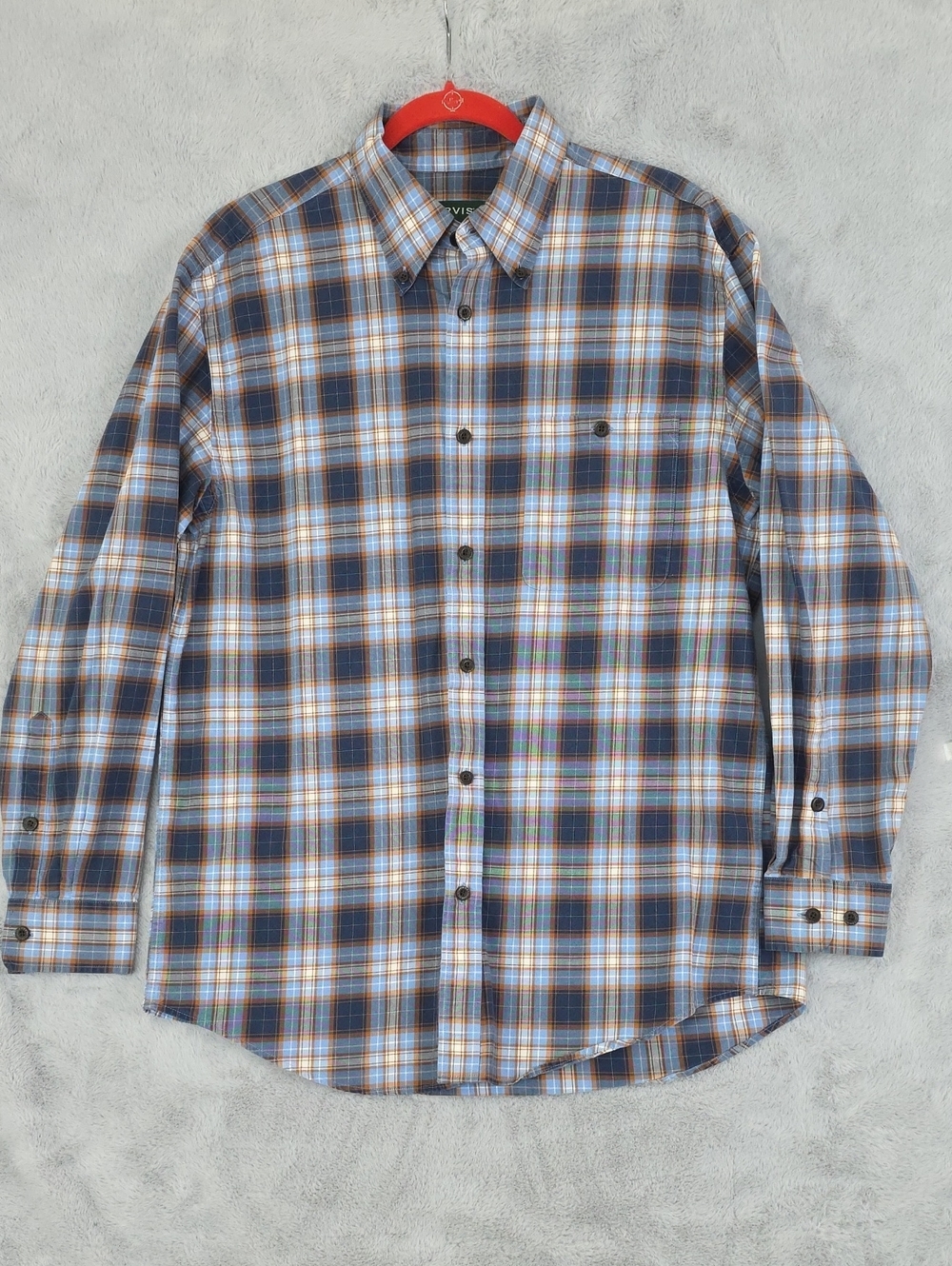 Orvis Men's Blue, Brown & White Plaid Button-Down Shirt